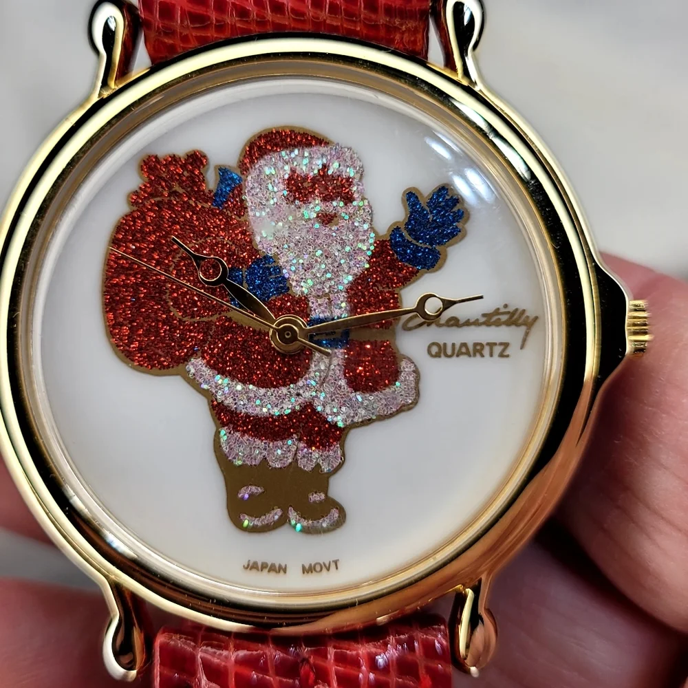 Santa Wrist Watch Adjustable Leather Strap, Vintage Red Sparkly